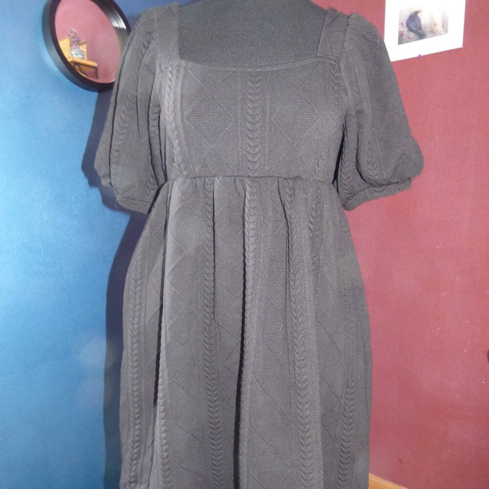 GOTH BOHO WEDDING BLACK CABLE KNIT BABYDOLL DRESS SHORT PUFF SLEEVE L